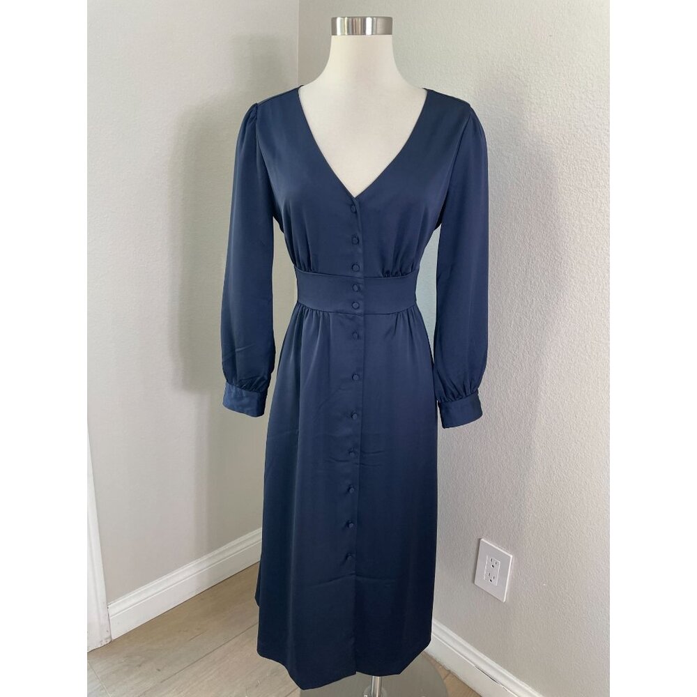 J Crew Womens 6 Navy Long Sleeve Midi‎ Dress Button Up Satin V Neck
